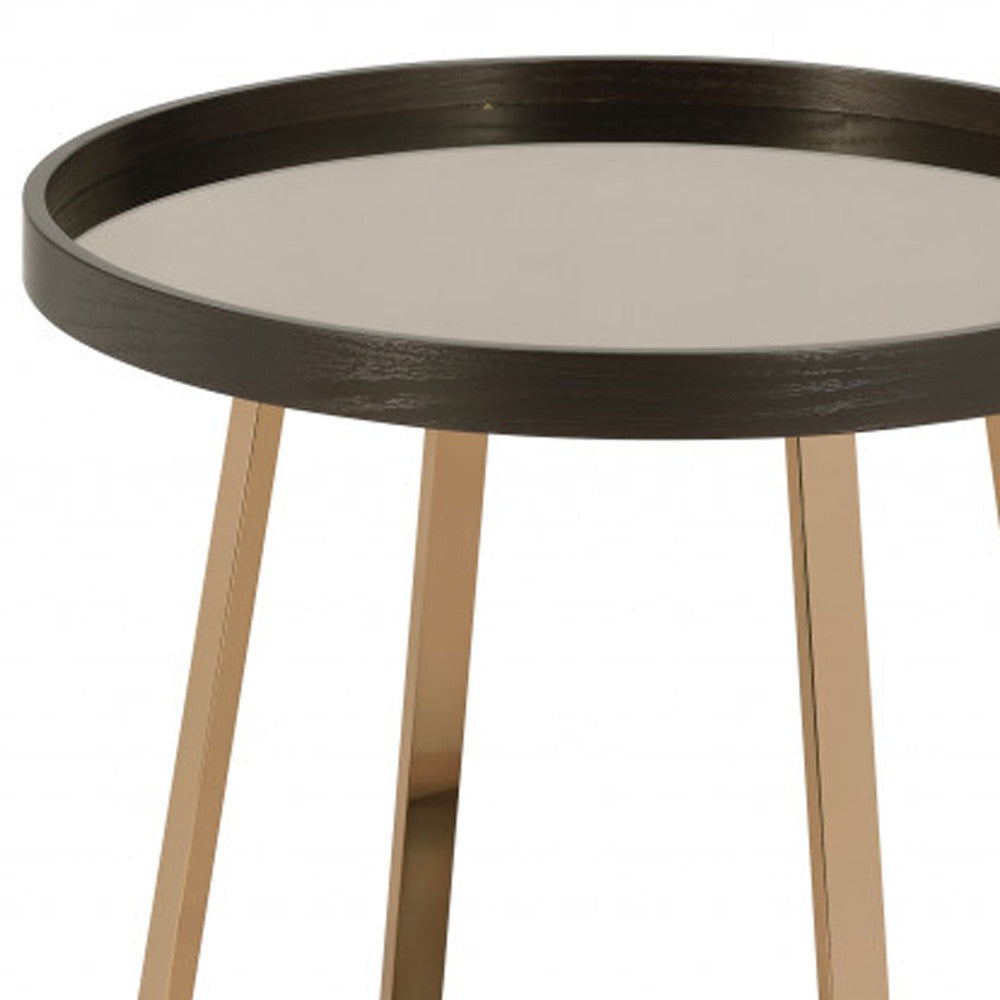 23" Champagne Walnut  And Mirrored Metal Round End Table