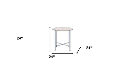 24" Chrome And White Oak Manufactured Wood And Metal Round End Table