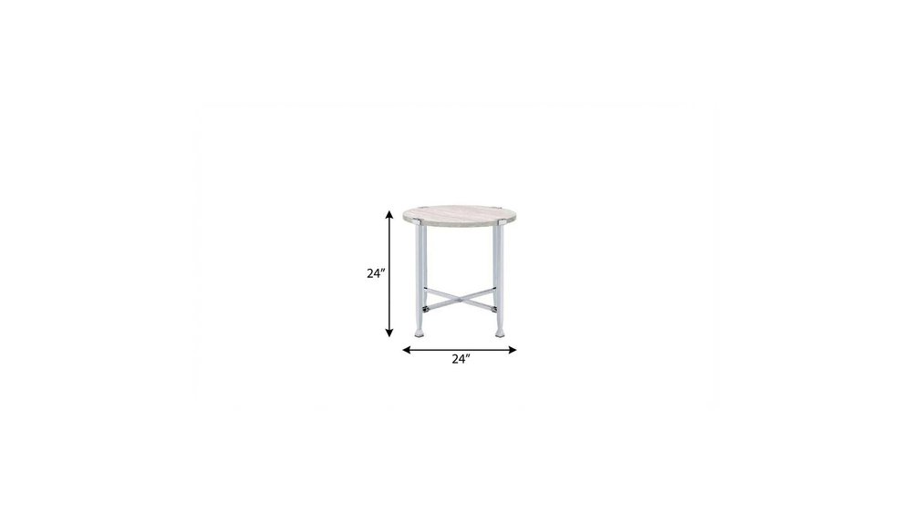 24" White And Silver Wood And Iron Round Cross Legs End Table