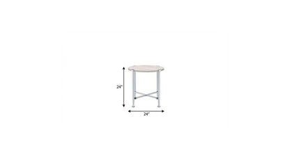24" White And Silver Wood And Iron Round Cross Legs End Table