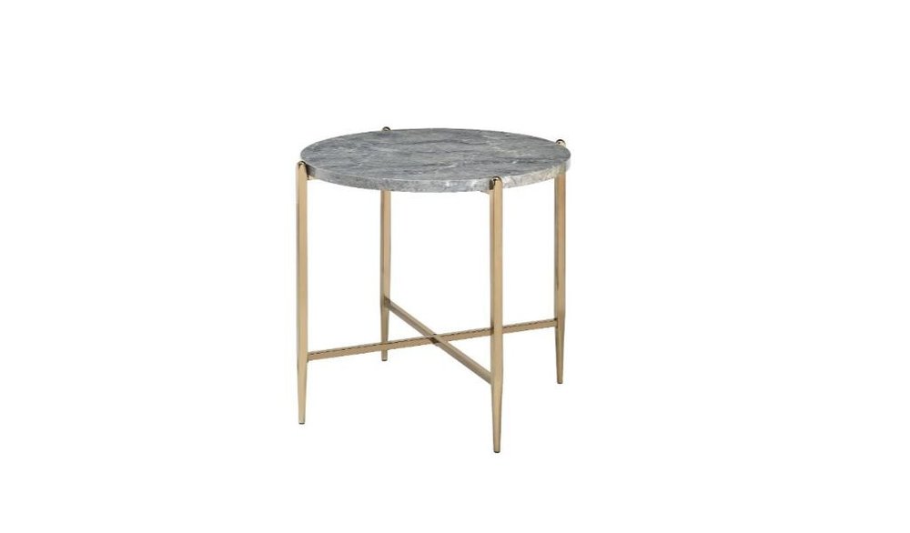 24" Light Gray And Champagne Wood And Iron Round Sled End Table