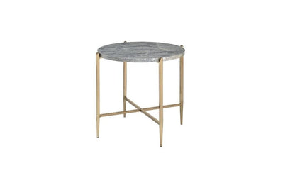 24" Light Gray And Champagne Wood And Iron Round Sled End Table