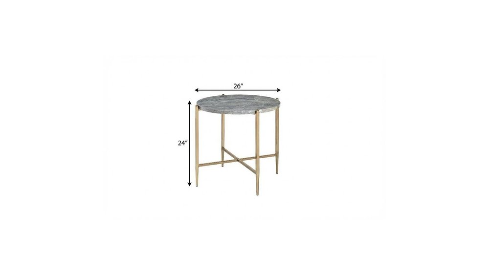 24" Light Gray And Champagne Wood And Iron Round Sled End Table
