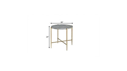 24" Light Gray And Champagne Wood And Iron Round Sled End Table