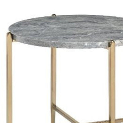 24" Light Gray And Champagne Wood And Iron Round Sled End Table