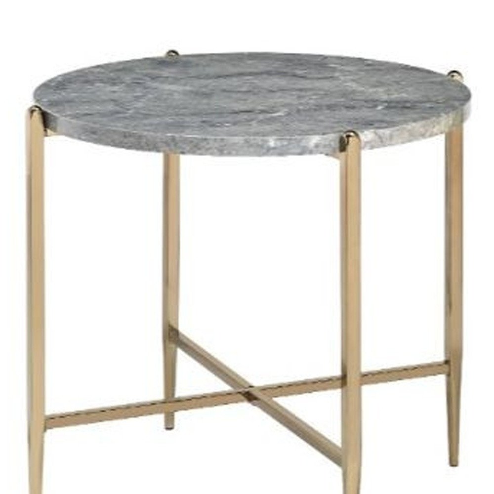 24" Light Gray And Champagne Wood And Iron Round Sled End Table
