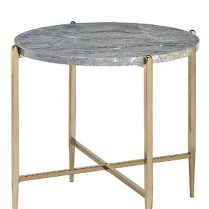 24" Light Gray And Champagne Wood And Iron Round Sled End Table