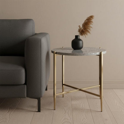 24" Light Gray And Champagne Wood And Iron Round Sled End Table