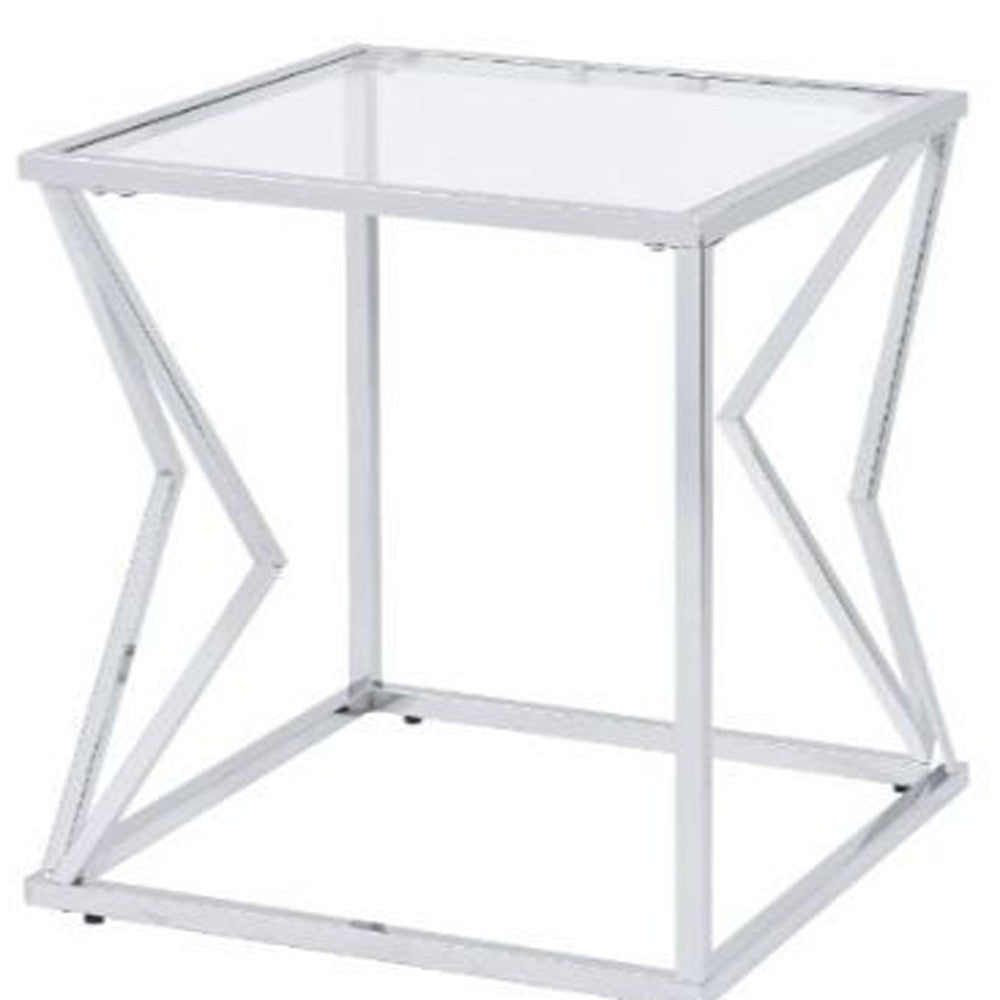 22" Chrome And Clear Glass And Metal Square End Table With Shelf