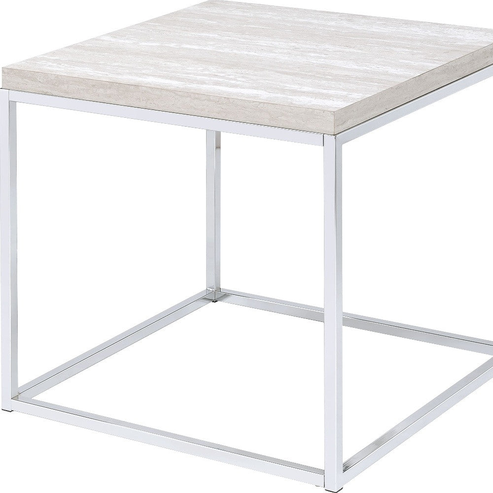 24" Chrome And White Oak Manufactured Wood And Metal Square End Table