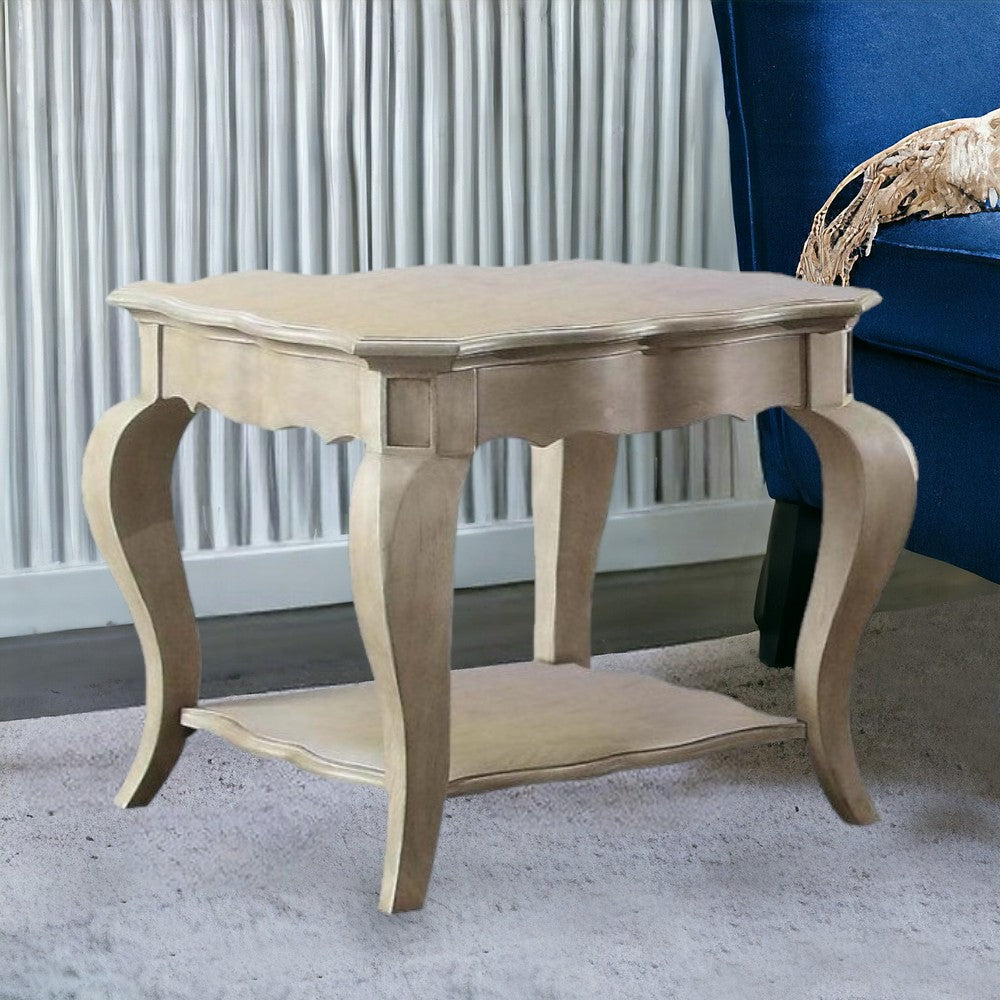 24" Taupe And Clear Glass And Solid Wood End Table With Shelf