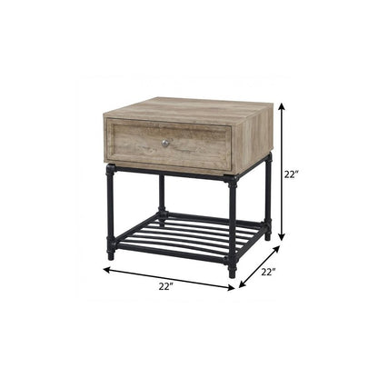 22" Sandy Black And Oak Manufactured Wood And Metal Square End Table With Drawer And Shelf