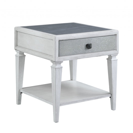 24" Weathered White And Rustic Gray Stone And Wood Square End Table