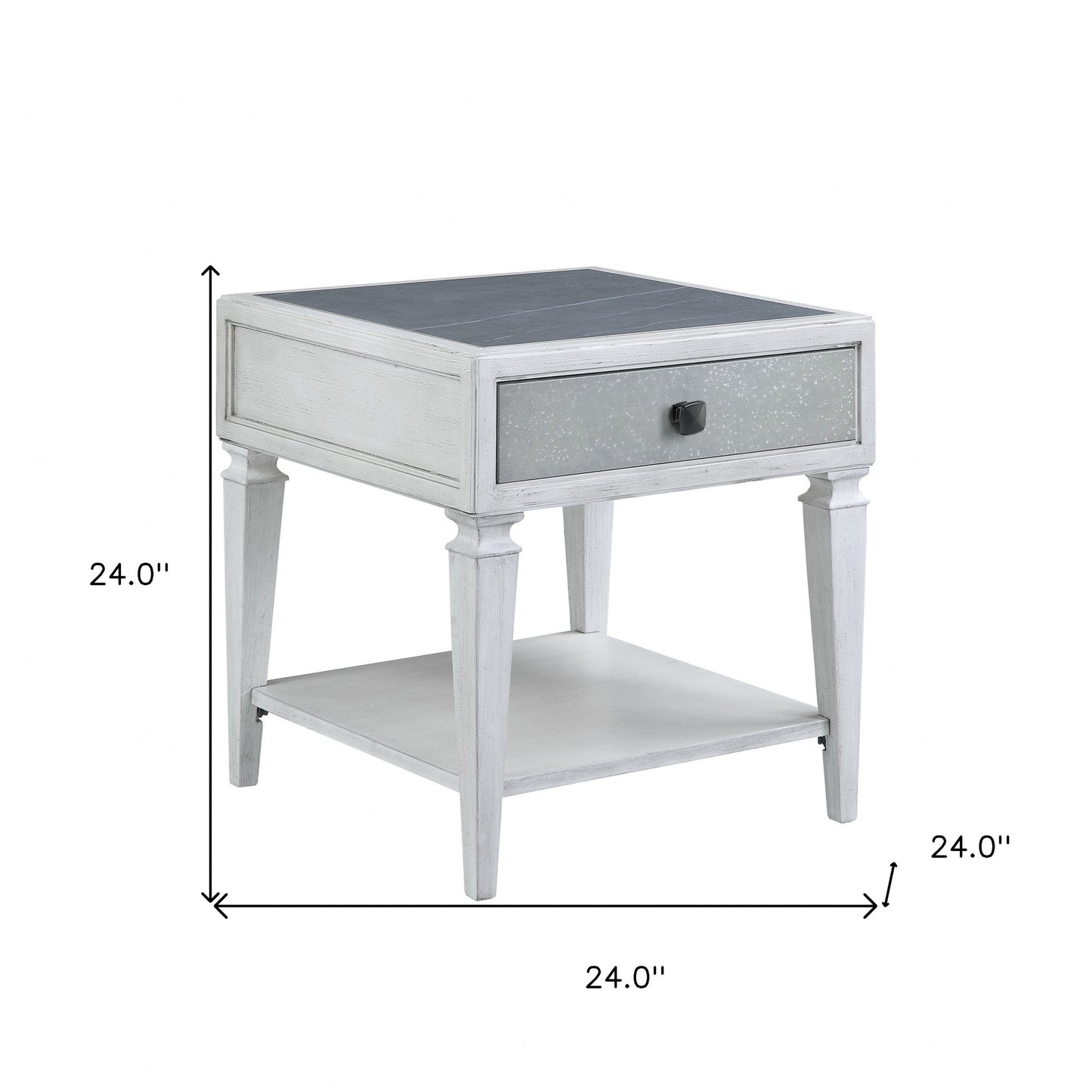 24" Weathered White And Rustic Gray Stone And Wood Square End Table