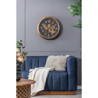 21" Circle Black and Gold Wood and Glass Analog Exposed Gear Wall Clock