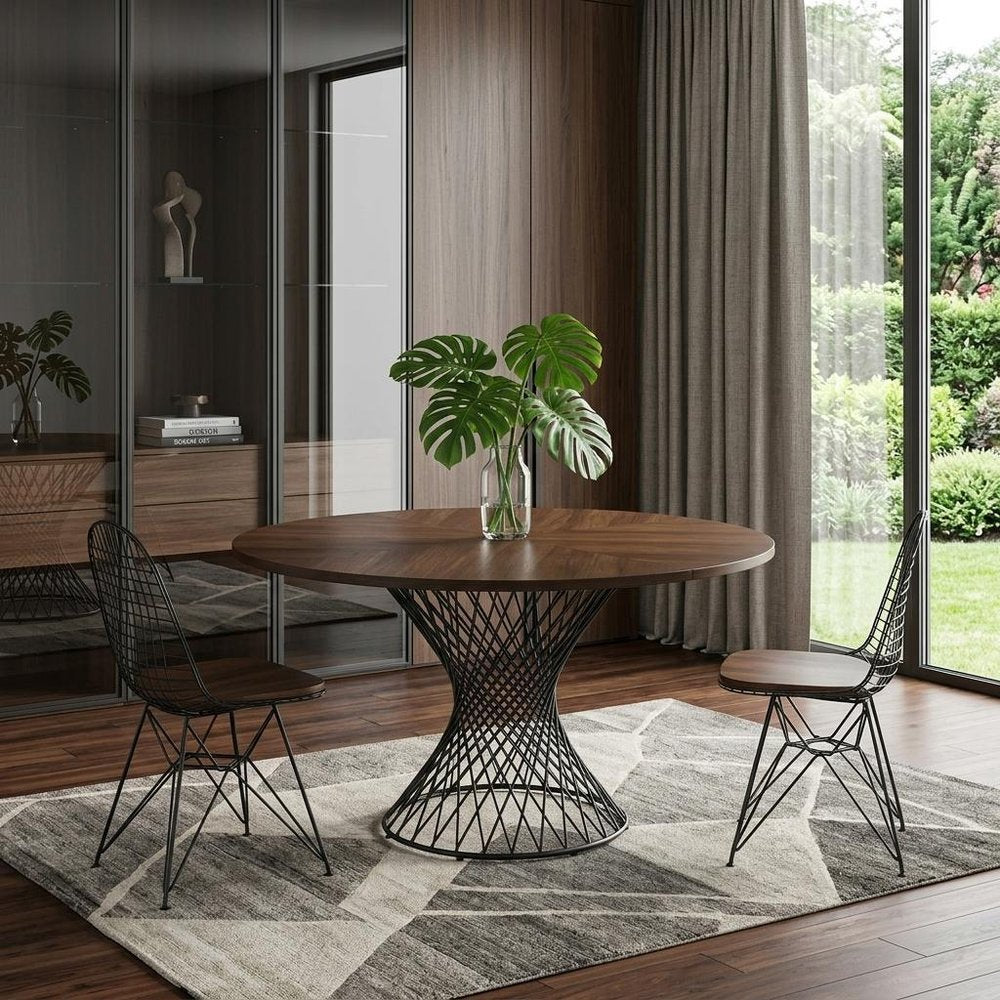 54" Brown And Black Rounded Solid Manufactured Wood And Iron Pedestal Base Dining Table
