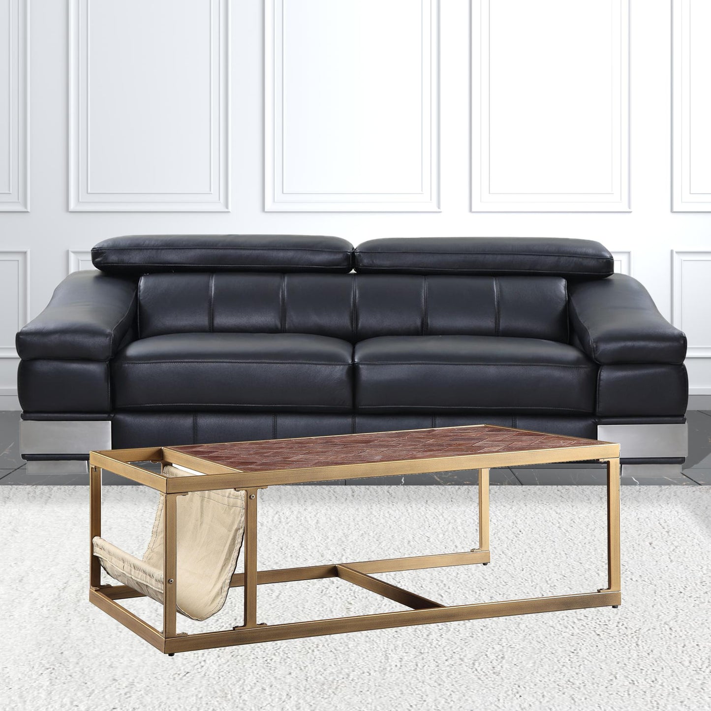 51" Brass And Retro Brown Leather Rectangular Coffee Table