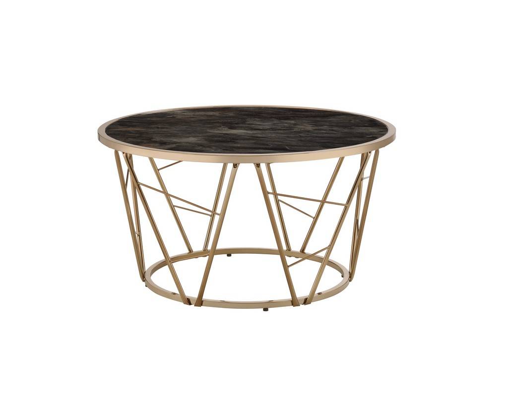 33" Gold Steel And Faux Black Marble Round Top Coffee Table