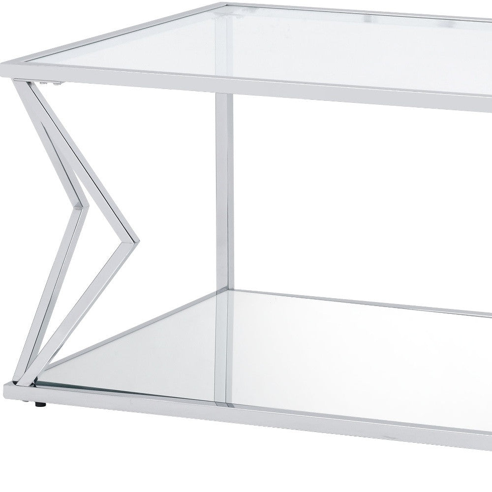 43" Chrome And Clear Glass Rectangular Coffee Table With Shelf