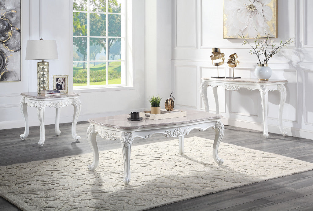 52" White And Marble Faux Marble Rectangular Coffee Table