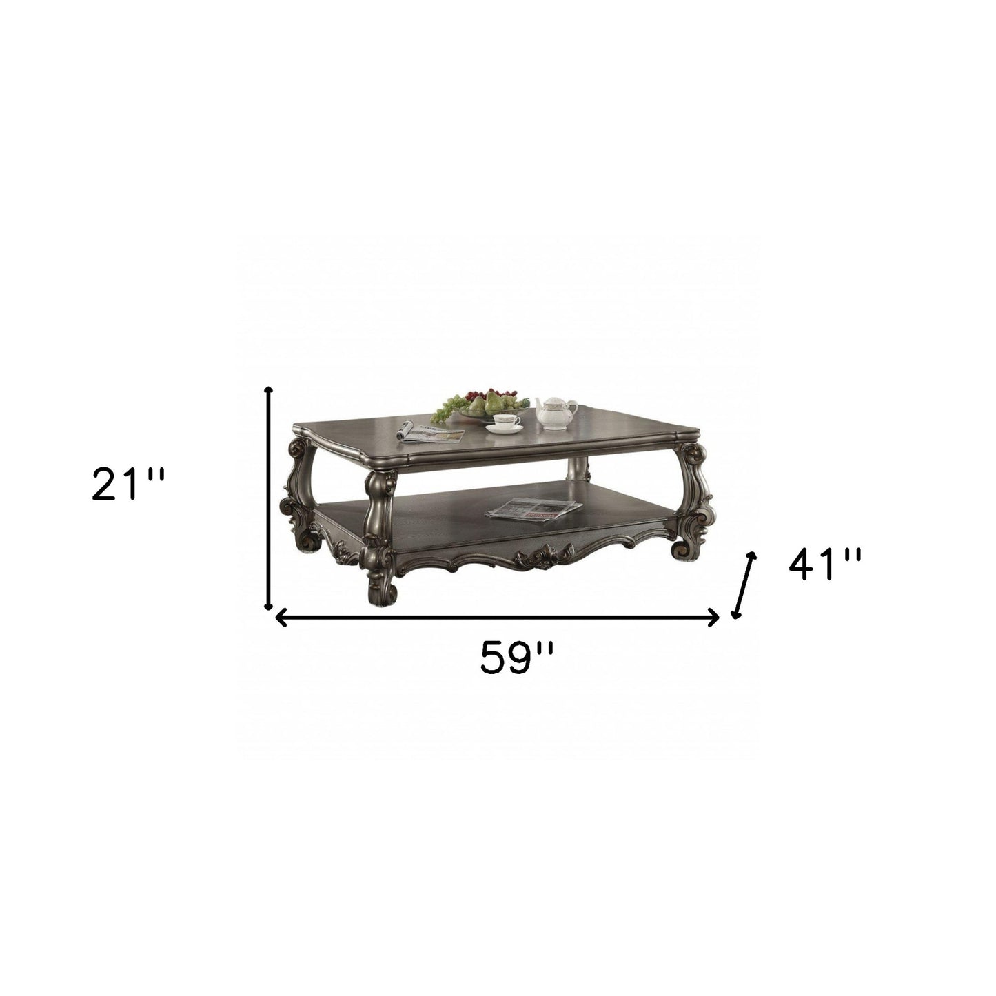 59" Antique Platinum Manufactured Wood Rectangular Coffee Table With Shelf