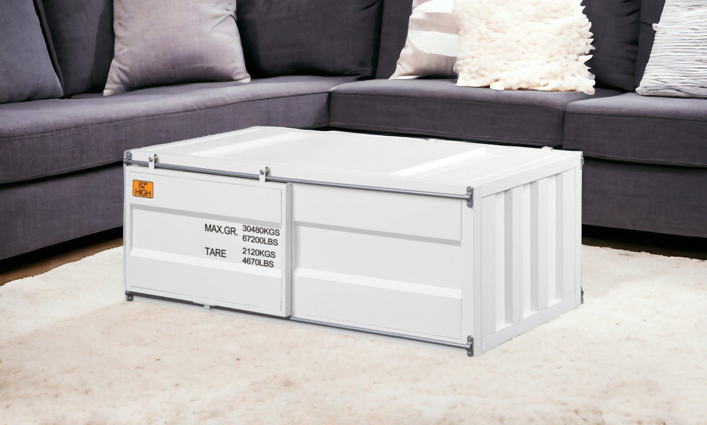 47" White Iron Cargo Container Style Coffee Table with Storage