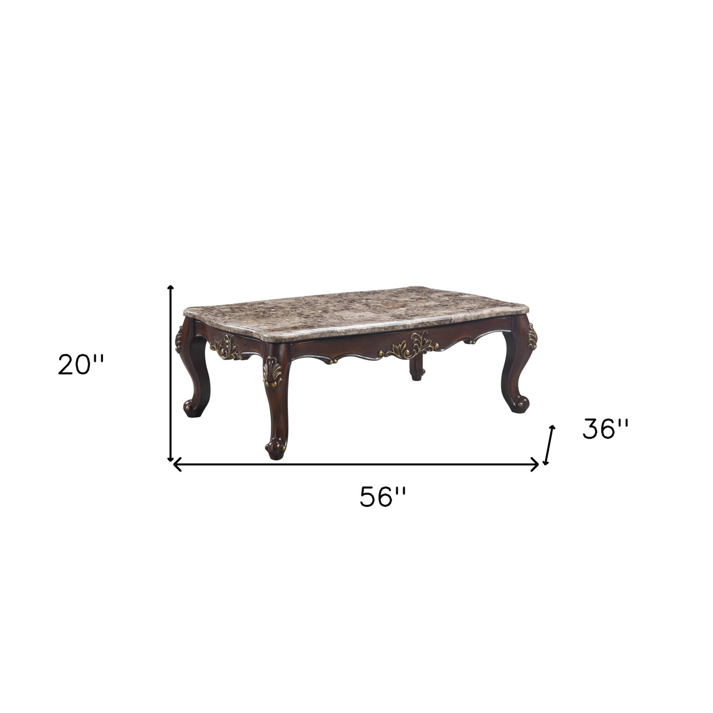 56" Cherry And Marble Faux Marble And Solid Wood Rectangular Coffee Table