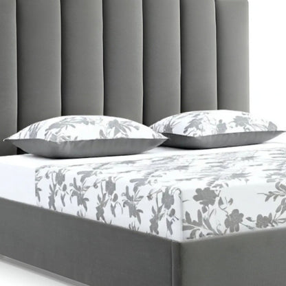 Queen Grey Upholstered Vertical Channel Velvet Bed with USB