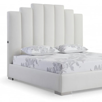 White Wood And Faux Leather Queen Bed Frame with USB