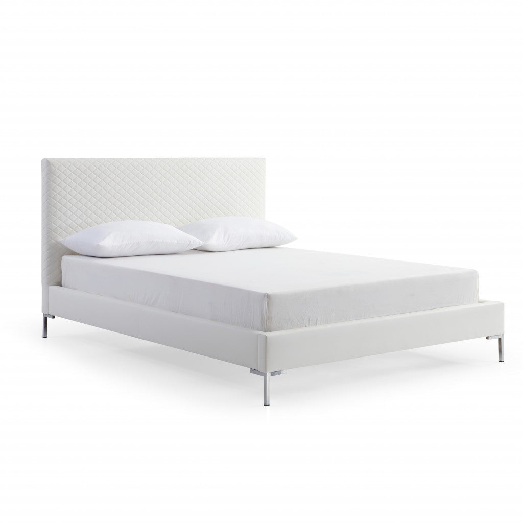Queen Size White Upholstered Faux Leather Bed Frame
