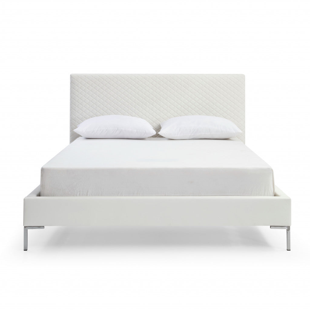 Queen Size White Upholstered Faux Leather Bed Frame