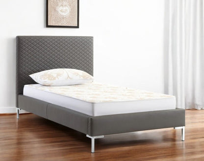 Gray and dark gray wood and faux leather twin bed frame