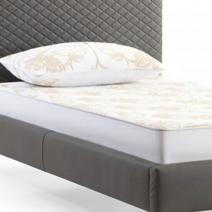 Gray and dark gray wood and faux leather twin bed frame