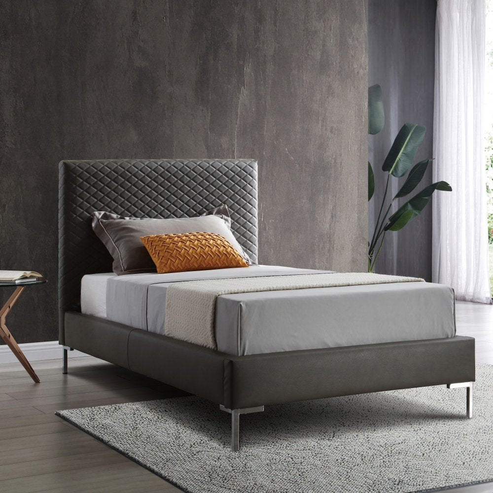 Gray and dark gray wood and faux leather twin bed frame.
