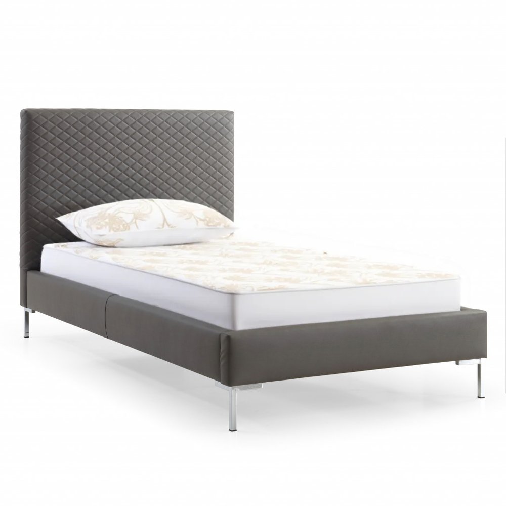 Gray and dark gray wood and faux leather twin bed frame