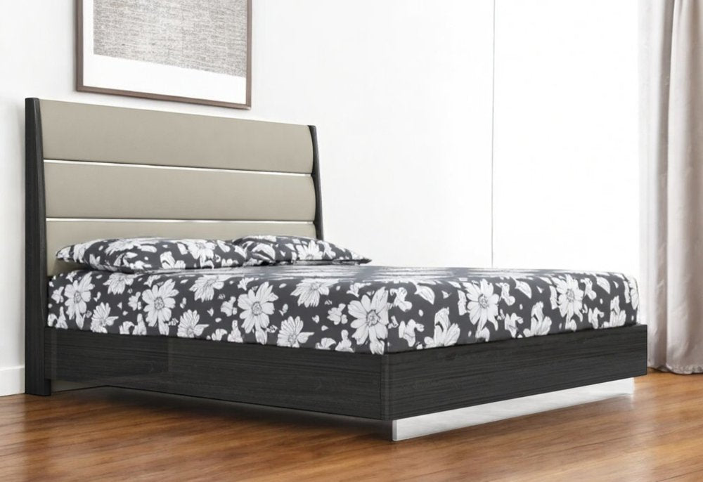 King Dark Grey High Gloss Bed Frame with Faux Leather Headboard