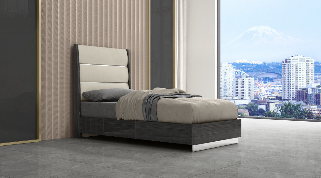 Twin Dark Grey High Gloss Bed Frame with Faux Leather Headboard