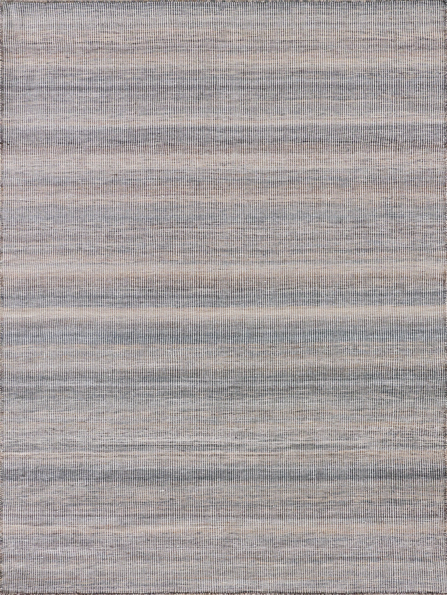 Muted blue-gray striped rug with pale beige bands, soft flat-weave texture, contemporary minimalist decor