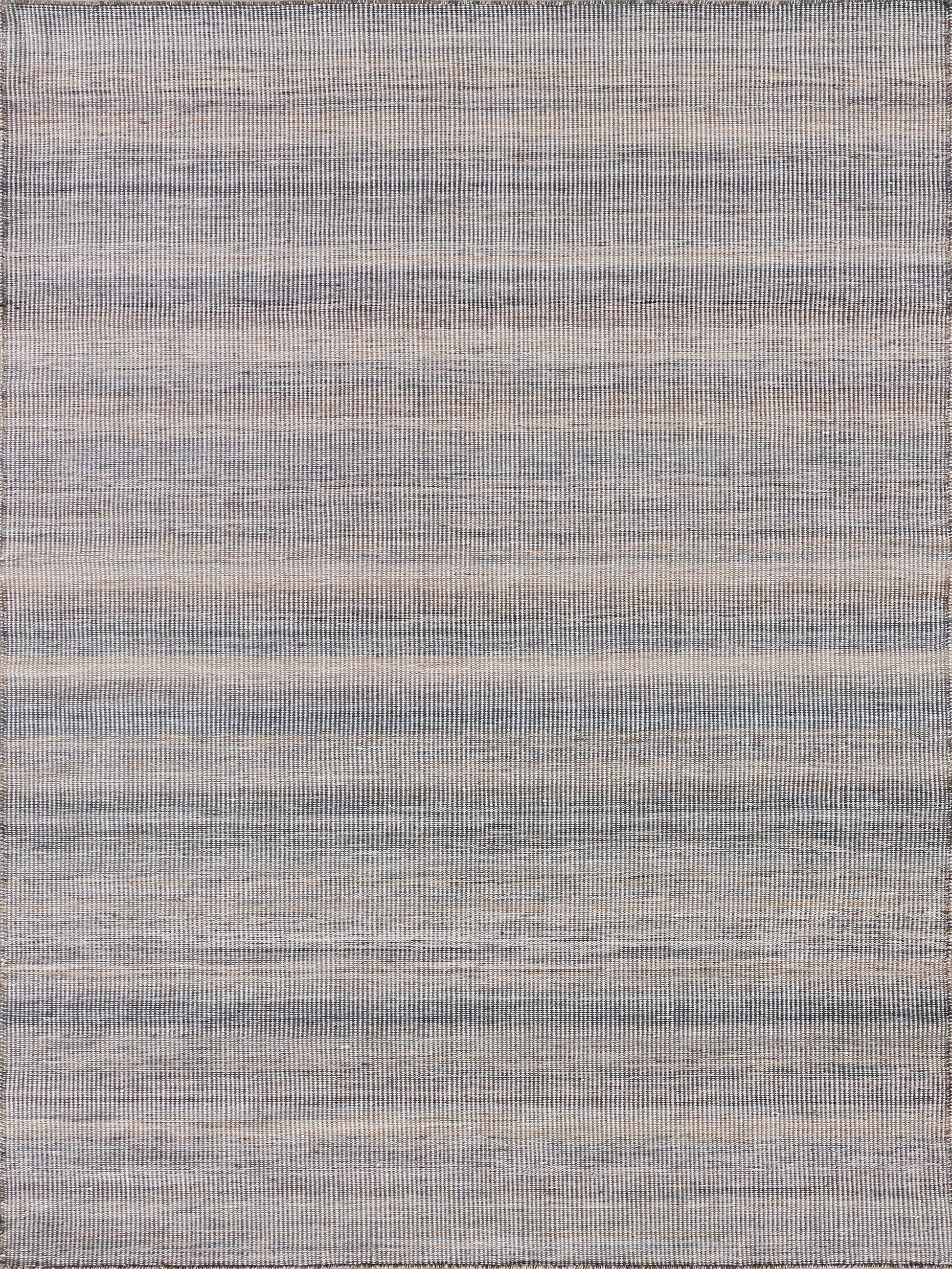 Rectangular woven rug with pale blue-gray and beige horizontal stripes and a subtle textured surface.