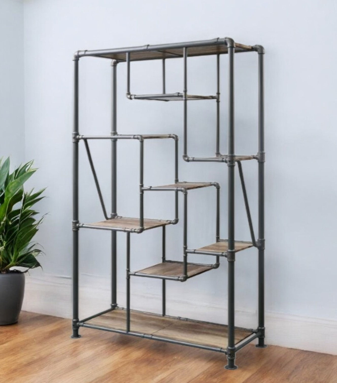 75" Antique Oak And Gray Metal Eight Tier Industrial Bookcase