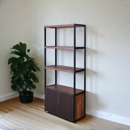 Brown And Black Metal Three Tier Bookcase with Two Doors