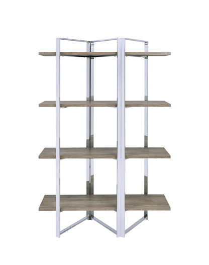 72" Natural And Silver Metal and Wood Four Tier Etagere Bookcase