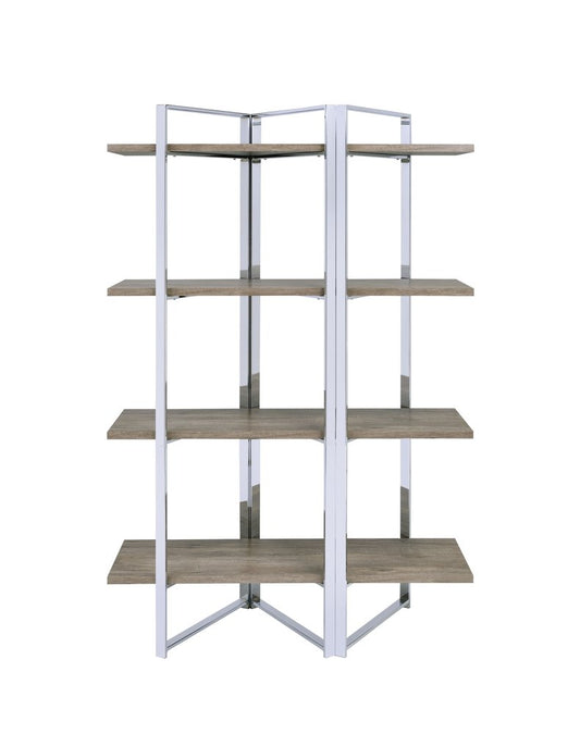 72" Natural And Silver Metal and Wood Four Tier Etagere Bookcase