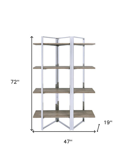 72" Natural And Silver Metal and Wood Four Tier Etagere Bookcase