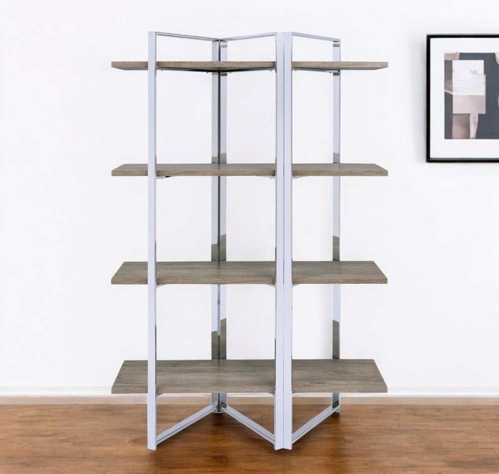 72" Natural And Silver Metal and Wood Four Tier Etagere Bookcase