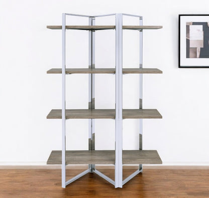 72" Natural And Silver Metal and Wood Four Tier Etagere Bookcase