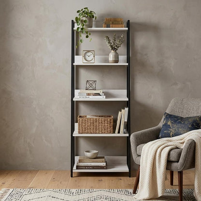 67" Natural and Black Metal Five Tier Ladder Bookcase