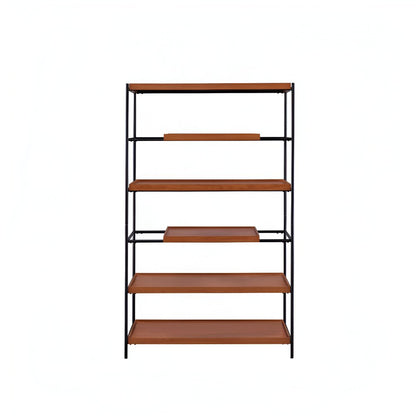 70" Oak And Black Metal and Wood Six Tier Etagere Bookcase