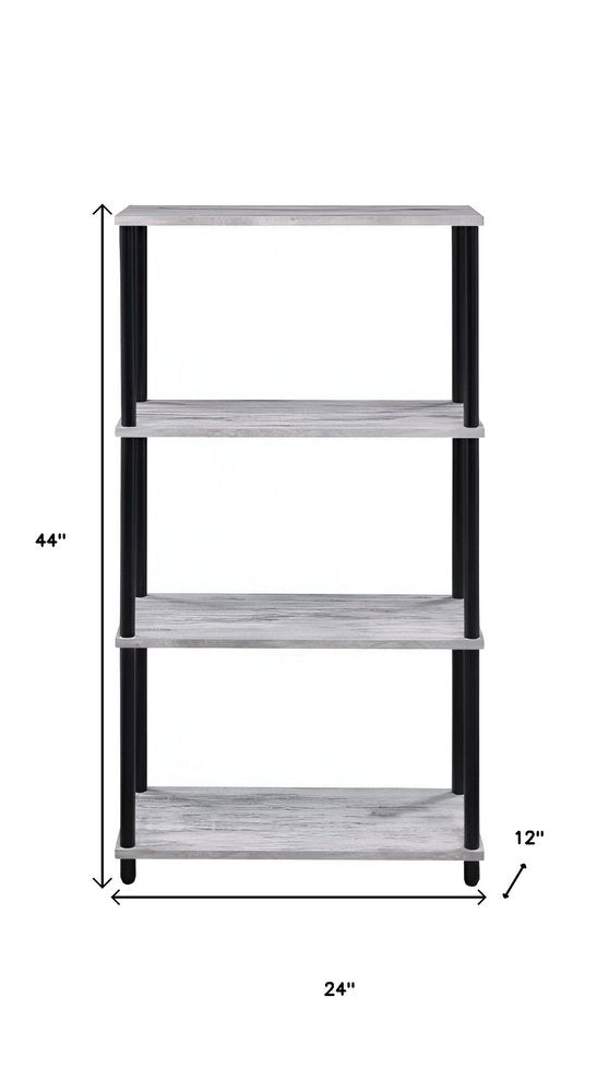 44" Antiqued White And Black Distressed Metal and Wood Four Tier Etagere Bookcase