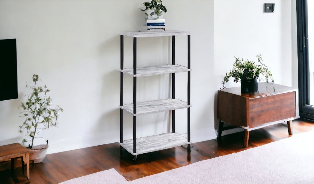 57" Antiqued White Metal Five Tier Etagere Bookcase